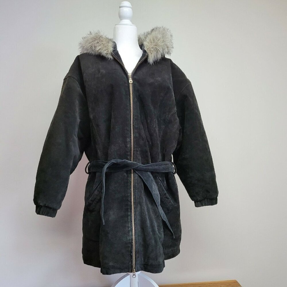 Wilsons Adventure Bound Black Suede Leather Jacket Faux Fur Trim Hood Size Large